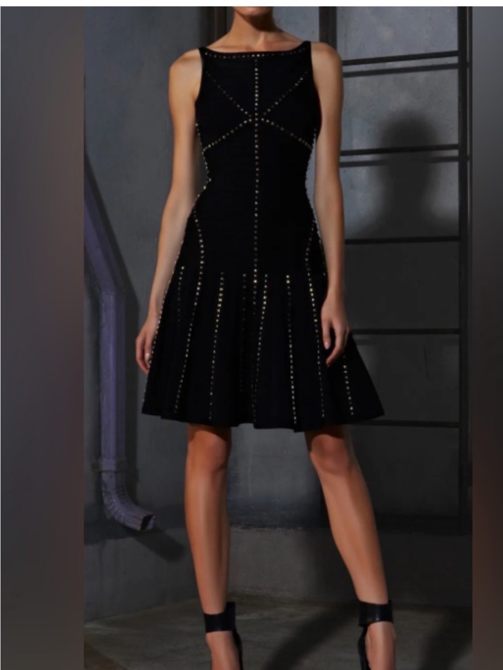 Herve Leger Black Studded Flared Mini bandage Dress with gold studs throughout